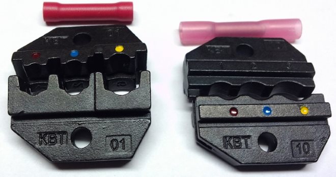 Для опрессовки гильз в термоусадочной оболочке используются матрицы с более закругленными обводами, чтобы не повредить оболочку (на фото справа)